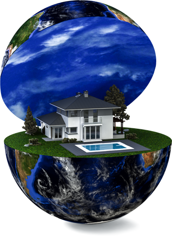 Illustration 3D, maison, planète terre découpée en deux